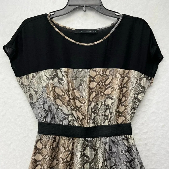 Zara Basic Dress Women's M Brown Black Snake Print Round Neck Elastic Waist Mini - Picture 2 of 8